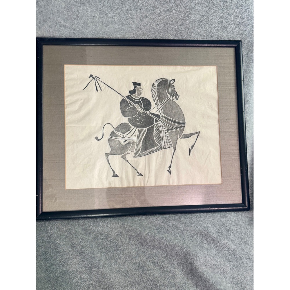 Vintage Asian Horseback Warrior Rice Paper Han Dynasty Style Rubbing Framed